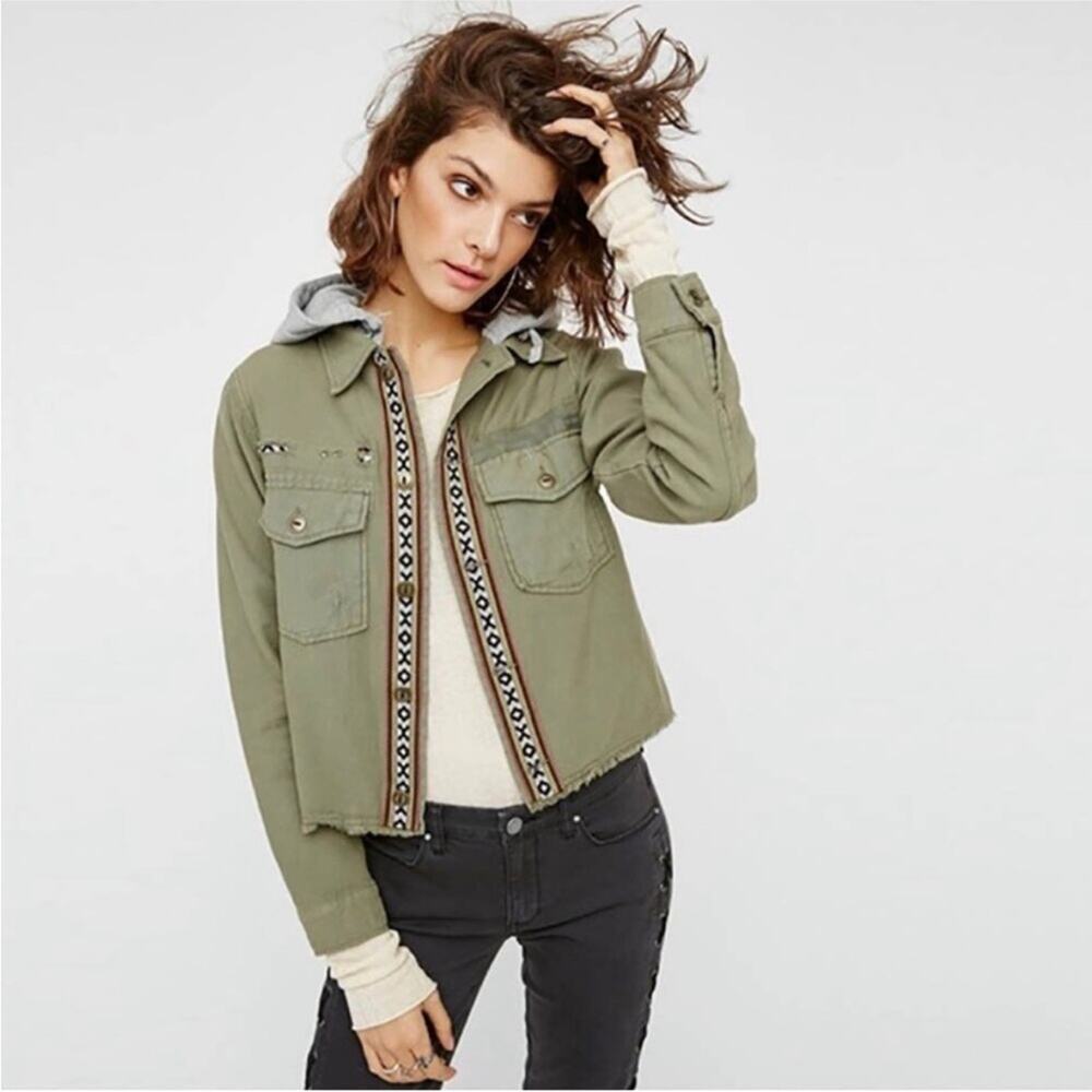 NWOT Free People Weekend Wanderer Distressed Boho Hooded Army Jacket S